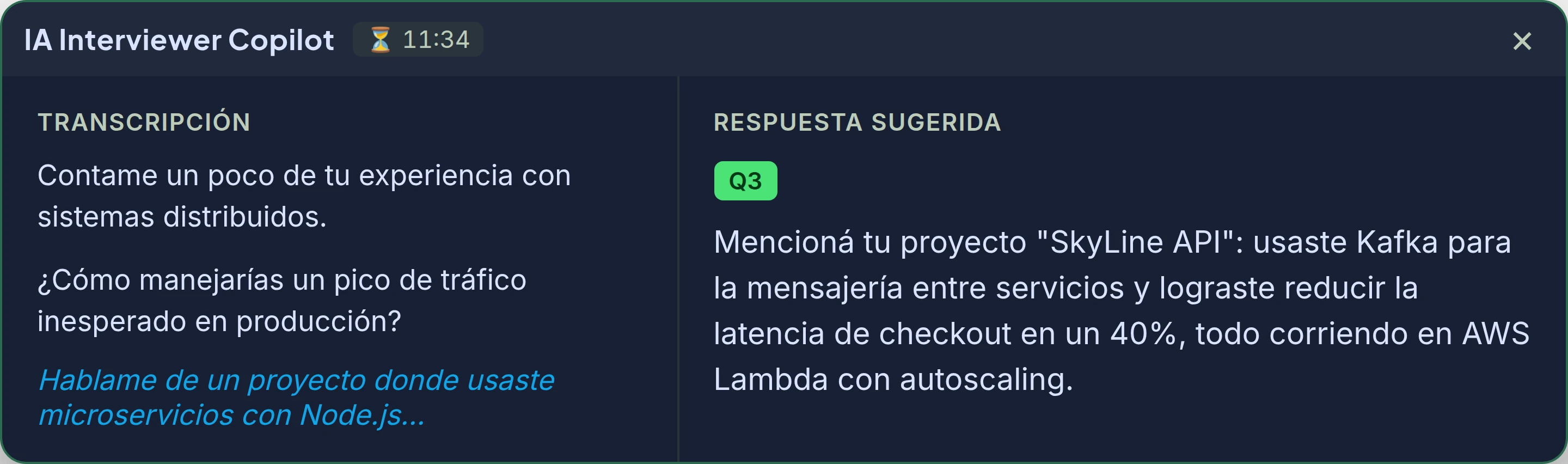 Panel flotante de IA Interviewer Copilot con transcripcion y respuesta sugerida