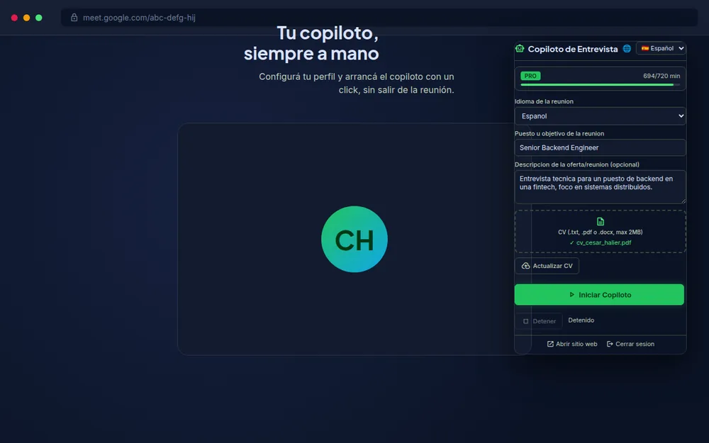 Popup de la extensión con el copiloto configurado